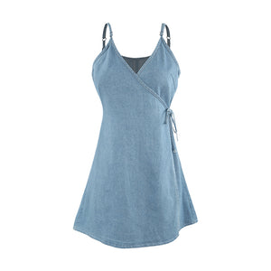 Sexy Deep V Strap Waist Denim Sleeve Dress - jeanspur