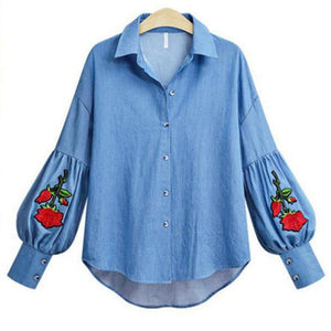 Rose Embroidered Denim Shirt - jeanspur