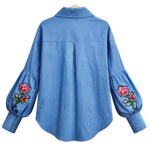 Rose Embroidered Denim Shirt - jeanspur