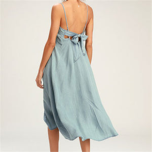 Sleeveless Bow Denim Sling Dress - jeanspur