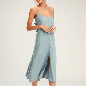 Sleeveless Bow Denim Sling Dress - jeanspur