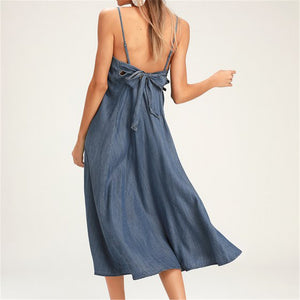 Sleeveless Bow Denim Sling Dress - jeanspur